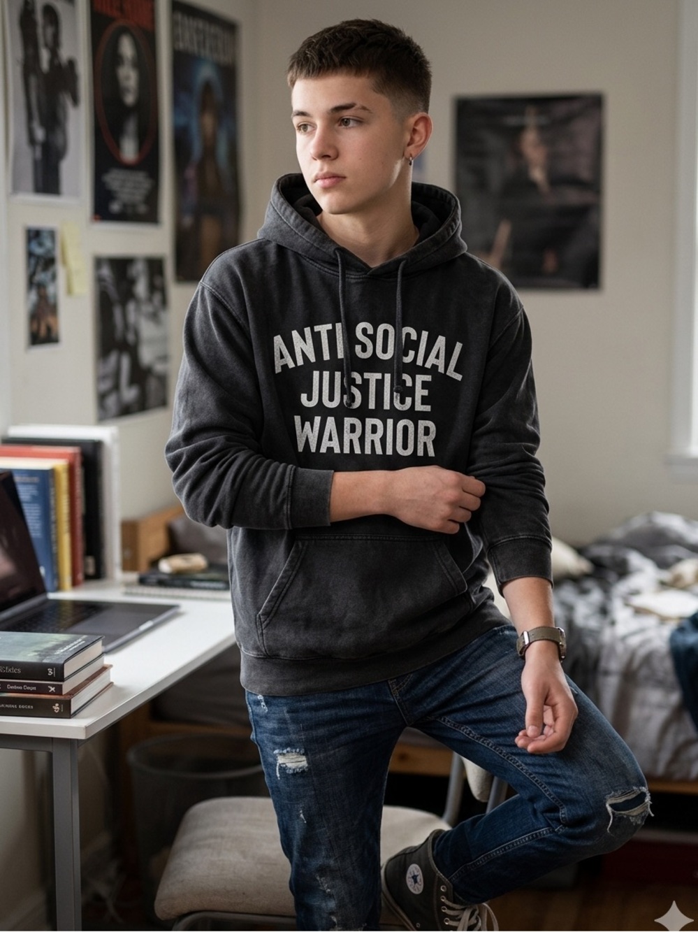 Jashun Heavyweight Hoodie Anti Social Justice Warrior Vintage modern Black Sz M